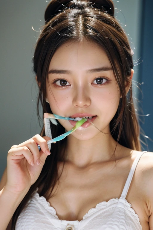 (Brushing your teeth:1.5)masterpiece, High resolution, High detail, Retina, Textured skin, Ultra high definition, Bun Hair, (((Small breasts))),Sleepy face,Hair ties, Silk camisole
