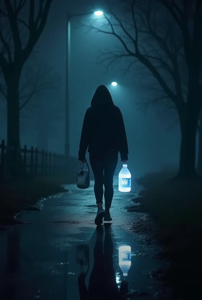 Photo of a liter of water and a person walking at night