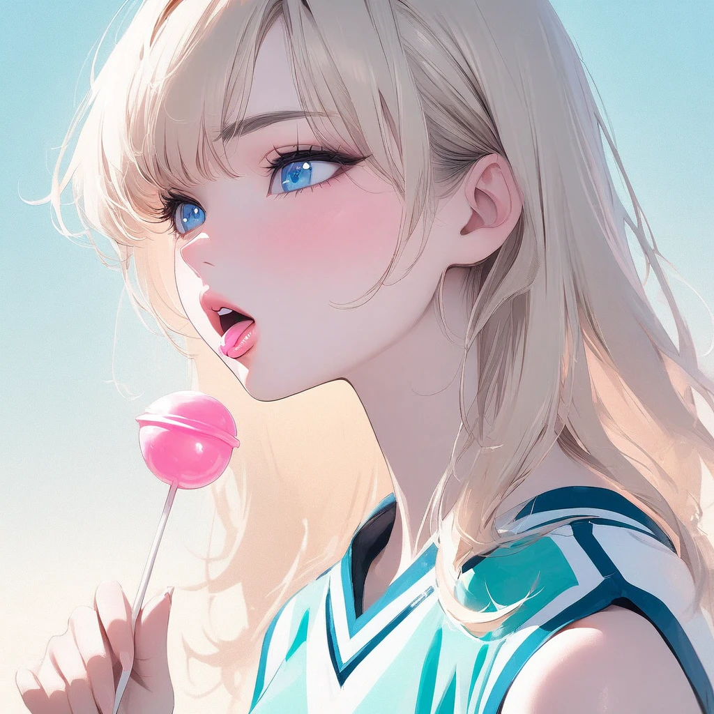 Girl, light blonde hair, blue eyes, beautiful, cheerleader uniform, pastel colors, face close-up, flat, ing a pink lollipop, lipgloss, brat, holding lollipop, lips, sexythereal, wide mouth, attractive, hot