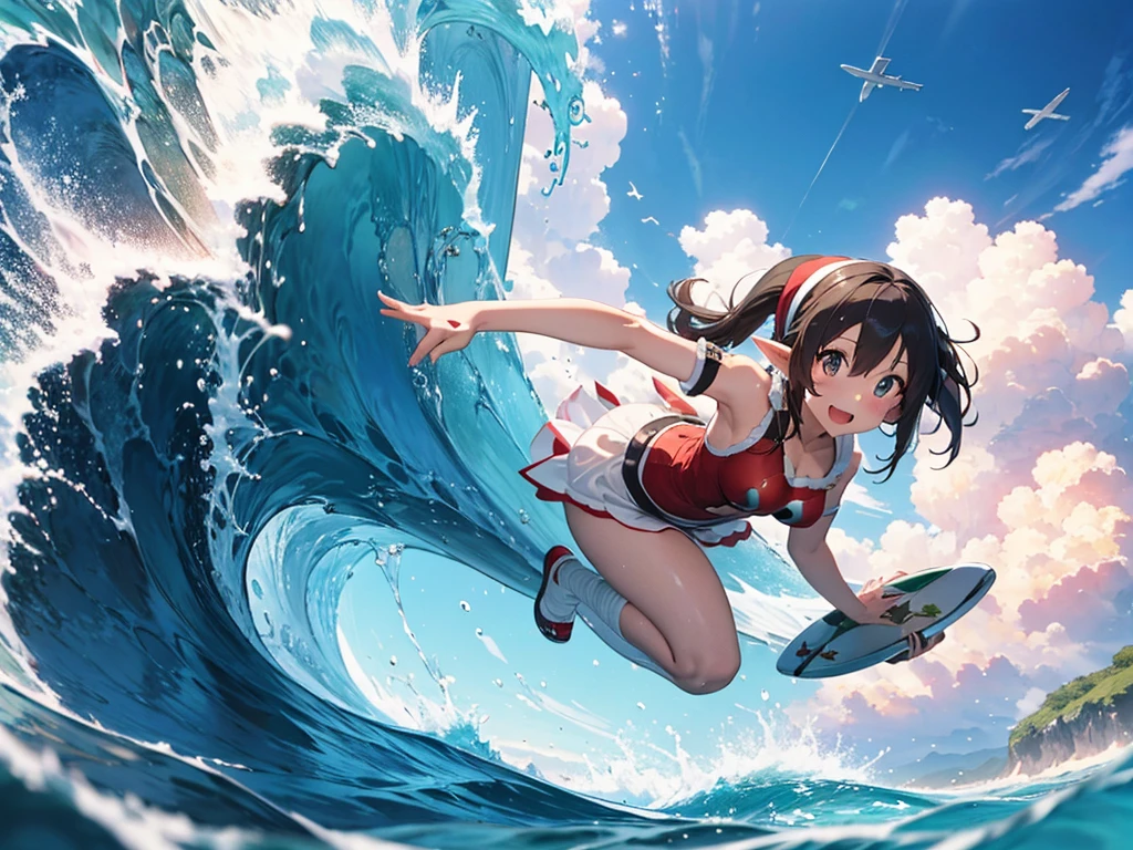 high resolution, fine、8K, Midsummer Sea, An elf girl dressed as Santa Claus is surfing, Holding a tray of beer、