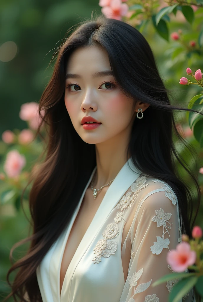 8k, best quality, Medium close-up, (white kebaya )、(luxury kebaya ),(top-quality,masterpiece:1.3,超A high resolution,),(ultra-detailliert,Caustics),(Photorealsitic:1.4,RAW shooting,)Ultra-realistic capture,A highly detailed,high-definition16Kfor human skin, Cute and lovely Korean girl, realistic, ultra detail, photo realistic, Increase quality,
standing in a garden with a scarf, garden, (large breast), (cleavage ), close-up shot, mouth,dark-haired, long hair, (depth of fields、chromatic abberation、Wide range of lighting、Natural Shading、)、(Exterior light at night:1.4)、(Hair swaying in the wind:1.2).