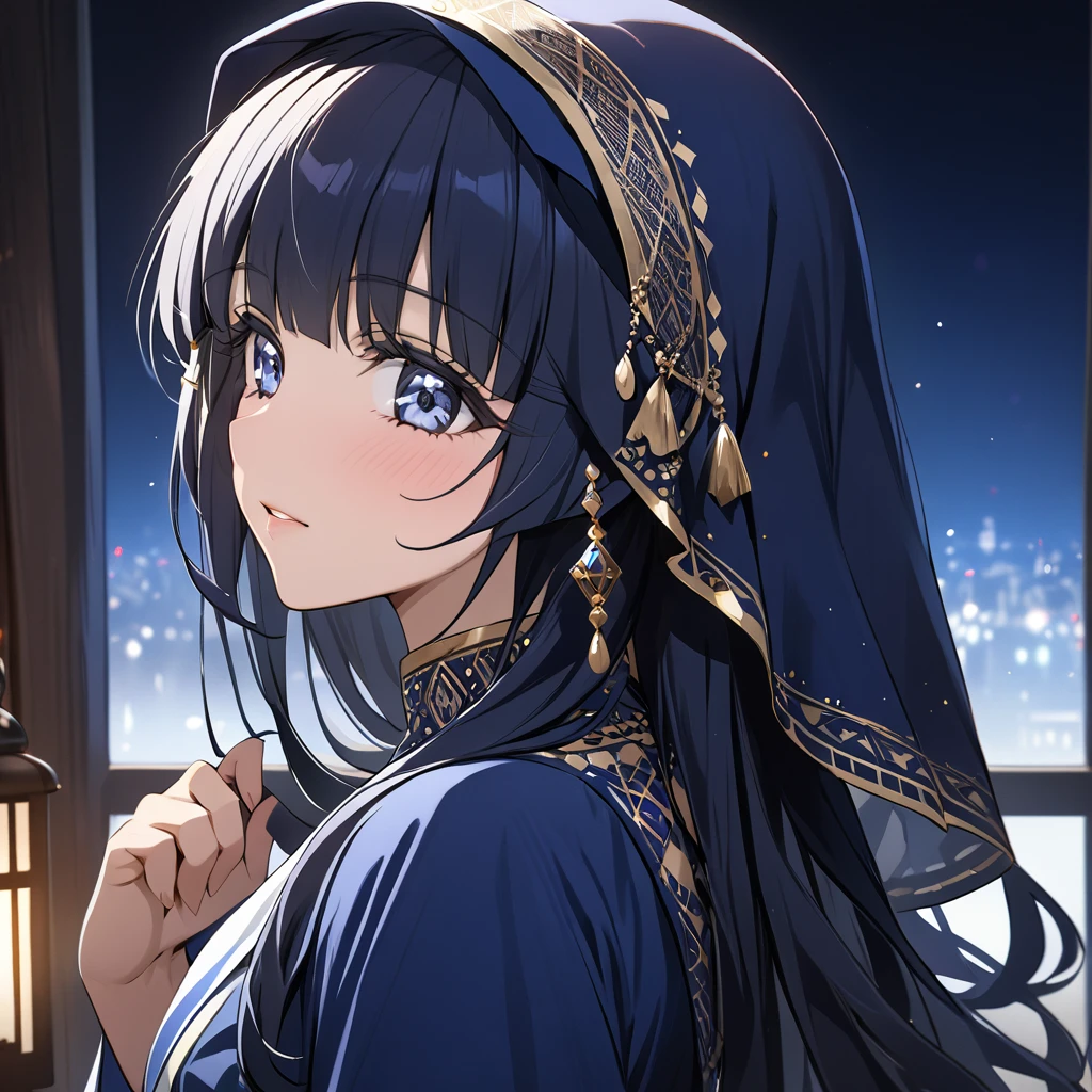 ((Highest quality)), ((masterpiece)), (detailed), （Perfect Face）、The woman is Aoki Reika, has midnight blue semi-long hair, is wearing Arab traditional clothing, and looks like an Arab Muslim woman.