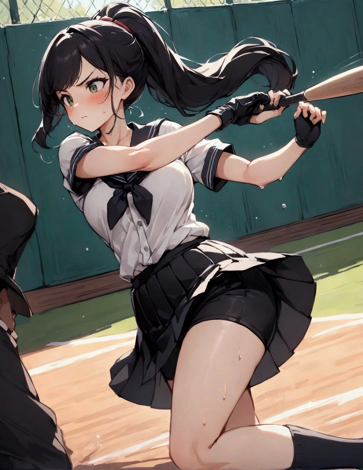 from side,{{Baseball bat-swing:1.8}}．Animated image of a player swinging a baseball bat at a ball,{{action}},{{Baseball bat-swing, skirt flips up, glimpse of black shorts:1.8}},striking out swinging,Black shorts in skirt,Cartoonish ,Line of effect,JK,1girl, solo, athlete body,{{swing a baseball bat:1.8}},Baseball bat,swing,twist,Rotation and twisting of the body,{{masterpiece}}, {{{Highest quality}}},{{Very detailed}},cowboy shot, dutch angle,Dynamic composition, A high school girl is swinging and missing at a batting cage,school uniform,mini skirt,Short sleeve blouse　clavicle　Knee-high socks　 Speed Line　Motion Lines　,Batting Center,Bat,Sweat,Bad mood, be flustered,frustrating,{{v-shaped eyebrows}},Bad mood,blush,Sweat,raise one's eyebrows　,Black Hair,batting glove,Indoor batting center,sidelong glance,Black Skirt,Long Hair,ponytail,Black shorts,Above the baseball batter's box,No one in the background ,Green wall background,motion blur
