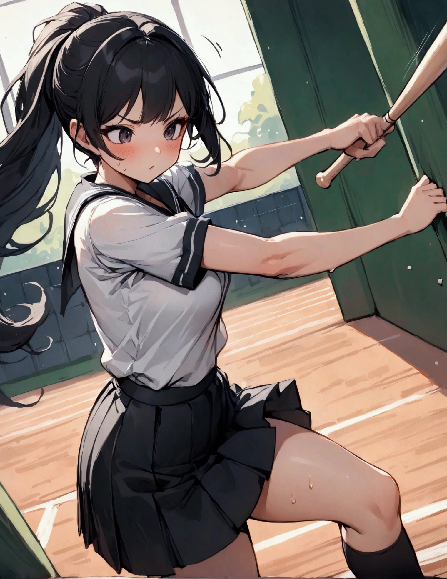 from side,{{Baseball bat-swing:1.8}}.Animated image of a player swinging a baseball bat at a ball,{{action}},{{Baseball bat-swing, skirt flips up, glimpse of black shorts:1.8}},striking out swinging,Black shorts in skirt,Cartoonish ,Line of effect,JK,1girl, solo, athlete body,{{swing a baseball bat:1.8}},Baseball bat,swing,twist,Rotation and twisting of the body,{{masterpiece}}, {{{Highest quality}}},{{Very detailed}},cowboy shot, dutch angle,Dynamic composition, A high school girl is swinging and missing at a batting cage,school uniform,mini skirt,Short sleeve blouse clavicle Knee-high socks Speed Line Motion Lines ,Batting Center,Bat,Sweat,Bad mood, be flustered,frustrating,{{v-shaped eyebrows}},Bad mood,blush,Sweat,raise one's eyebrows ,Black Hair,batting glove,Indoor batting center,sidelong glance,Black Skirt,Long Hair,ponytail,Black shorts,Above the baseball batter's box,No one in the background ,Green wall background,motion blur