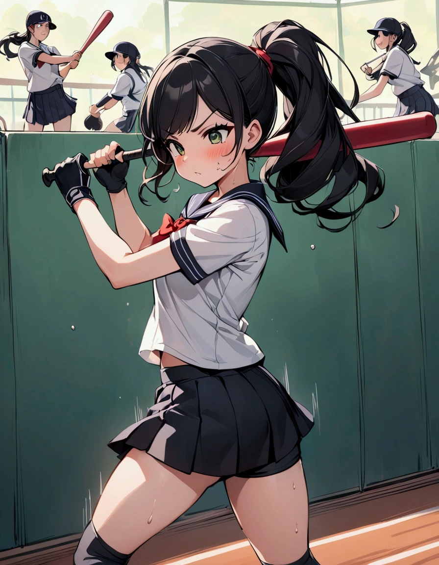 from side,{{Baseball bat-swing:1.8}}．Animated image of a player swinging a baseball bat at a ball,{{action}},{{Baseball bat-swing, skirt flips up, glimpse of black shorts:1.8}},striking out swinging,Black shorts in skirt,Cartoonish ,Line of effect,JK,1girl, solo, athlete body,{{swing a baseball bat:1.8}},Baseball bat,swing,twist,Rotation and twisting of the body,{{masterpiece}}, {{{Highest quality}}},{{Very detailed}},cowboy shot, dutch angle,Dynamic composition, A high school girl is swinging and missing at a batting cage,school uniform,mini skirt,Short sleeve blouse　clavicle　Knee-high socks　 Speed Line　Motion Lines　,Batting Center,Bat,Sweat,Bad mood, be flustered,frustrating,{{v-shaped eyebrows}},Bad mood,blush,Sweat,raise one's eyebrows　,Black Hair,batting glove,Indoor batting center,sidelong glance,Black Skirt,Long Hair,ponytail,Black shorts,Above the baseball batter's box,No one in the background ,Green wall background,motion blur