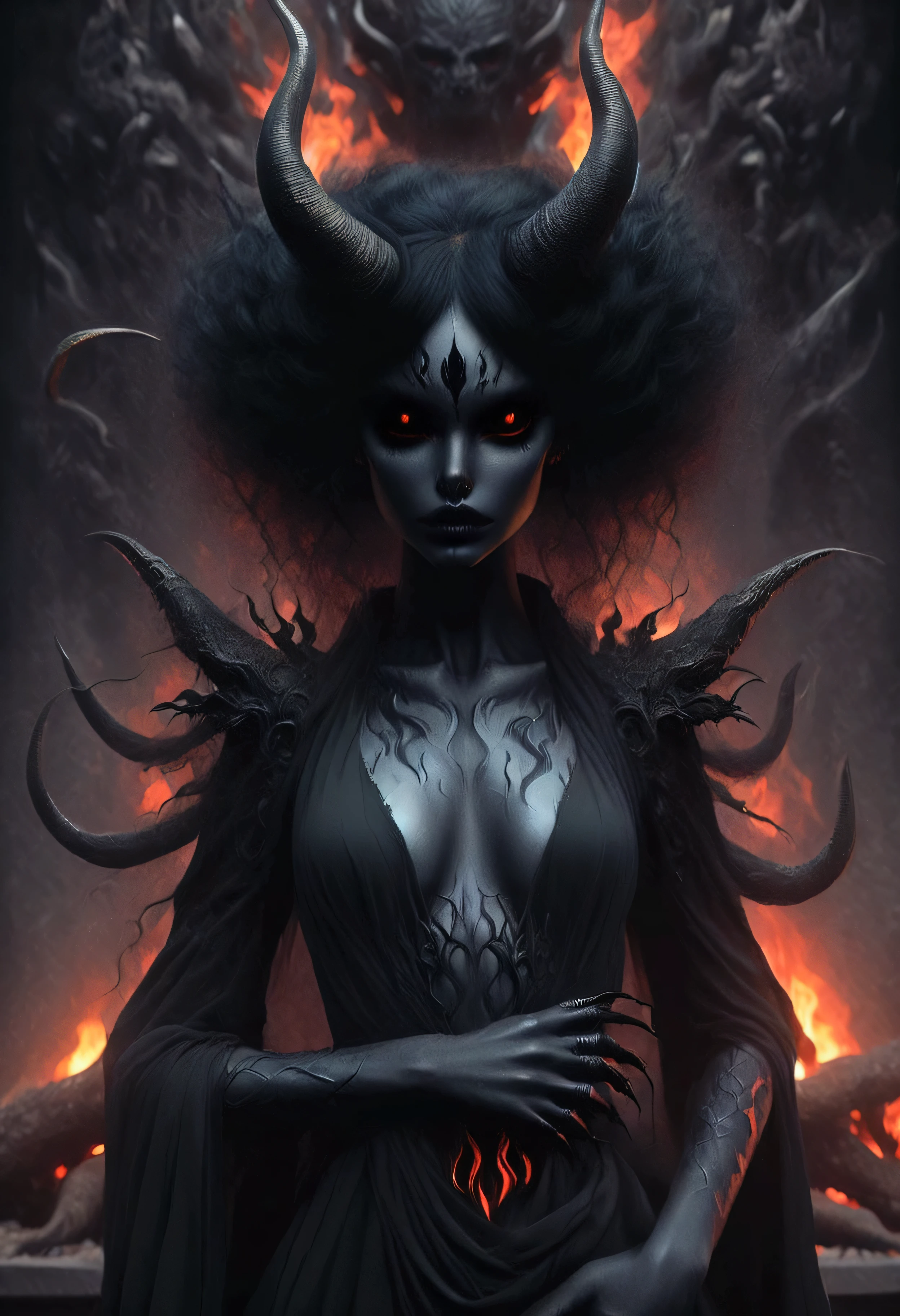 a woman with black hair and red eyes standing in front of a fire, beautiful elegant demon queen, dark fantasy style art, dark goddess with six arms, in style of dark fantasy art, goddess of the underworld, dark fantasy art, woman made of black flames, fantasy dark art, diablo 4 lilith, queen of the underworld, dark fantasy horror art, dark fantasy artwork