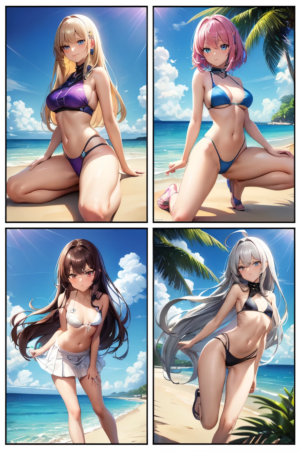 four pictures of a woman in a bikini sitting on a beach, kantai collection style, in the beach, realistic bikini, at the beach, fine details. girls frontline, azur lane style, characters from azur lane, anime girls, at a beach, attire: bikini, on a sunny beach, girls frontline style, from girls frontline, beaching