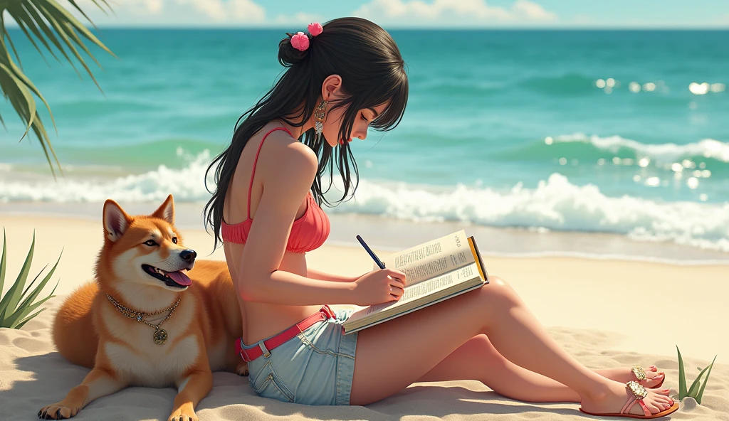 egirl without clothes, on the beach studying with a dog by my side