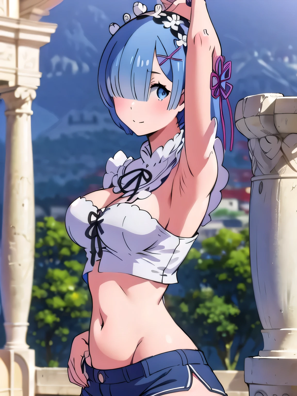 all realistic intricate details, masterpiece, best quality, highres, rem1, 1girl, solo, rem \(re:zero\), blue hair, short hair, red eyes, hair over one eye, ribbon trim, hair ribbon, x hair ornament, frills, crop top white, denim shorts,medium breasts, cleavage, sedection pose , hair flower, outdoor, standing, smile, perfect background, perfect light