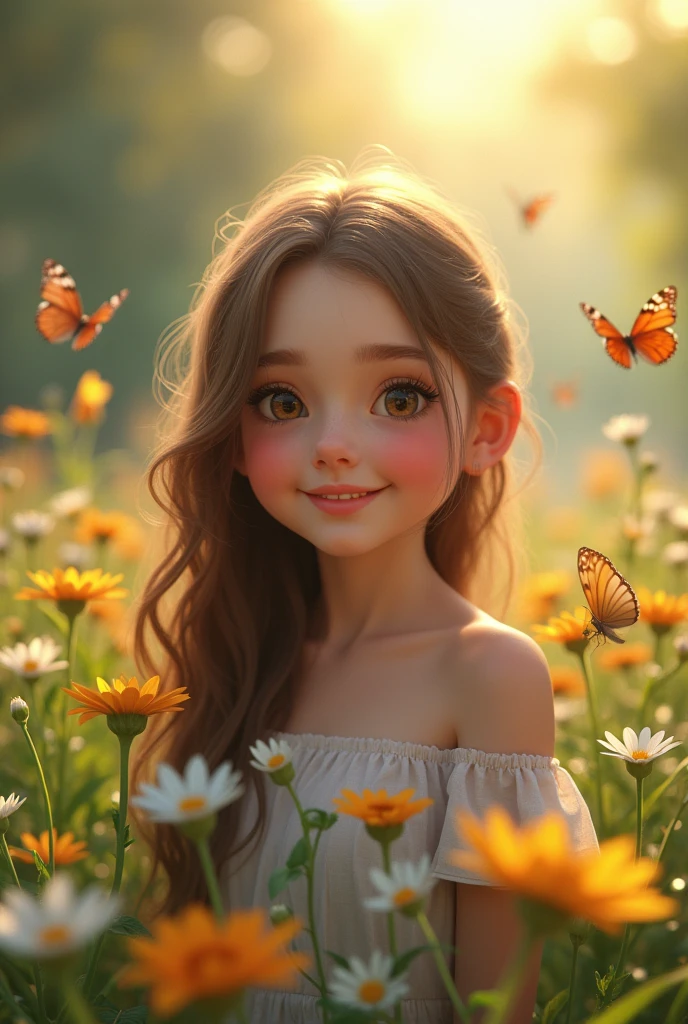 a happy girl in a beautiful garden, smiling, sunlight, flowers, butterflies, lush greenery, birds singing, (best quality,4k,8k,highres,masterpiece:1.2),ultra-detailed,(realistic,photorealistic,photo-realistic:1.37),extremely detailed eyes and face,beautiful detailed lips,longeyelashes,vibrant colors,warm lighting,idyllic landscape,natural scenery