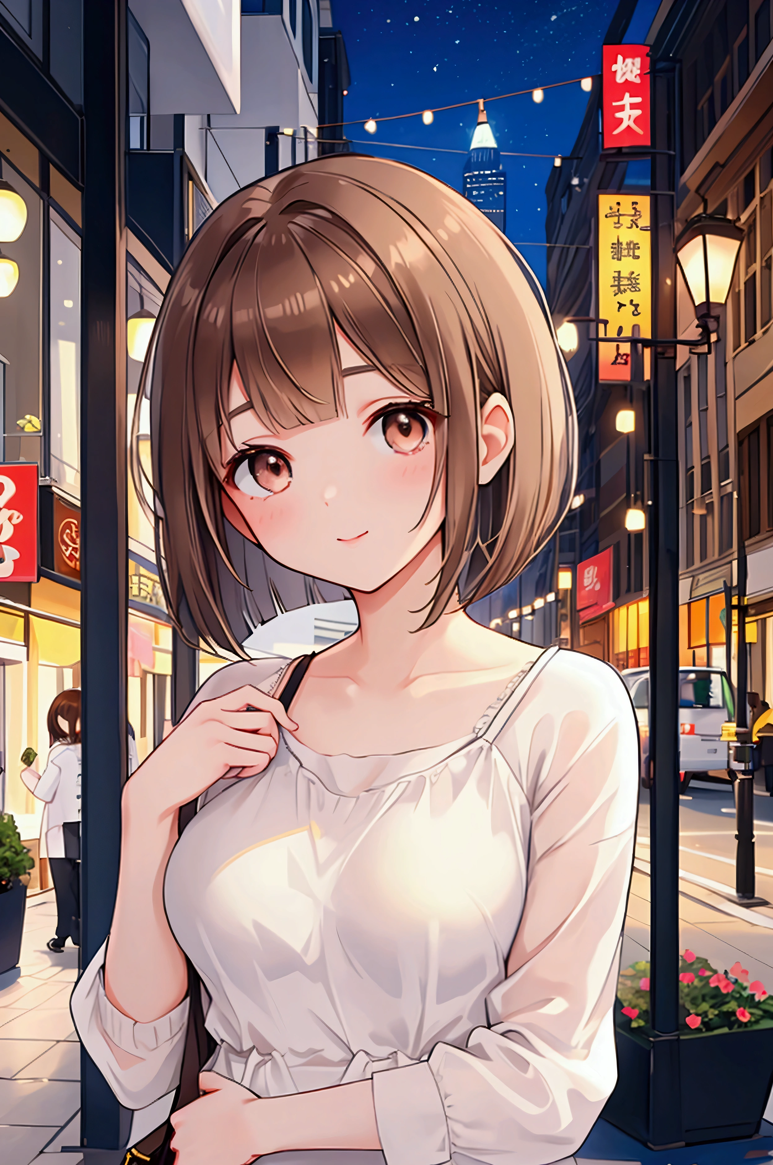 Photorealistic、Highest quality、Highest Resolution、Highest quality、16K、1 beautiful adult woman、Cute face、Delicate face、Bob cut hair、Ash brown hair color、Brown eyes、Delicate eyes、Beautiful Eyes、Beautiful breasts、Big Breasts、Casual clothing、City of night、