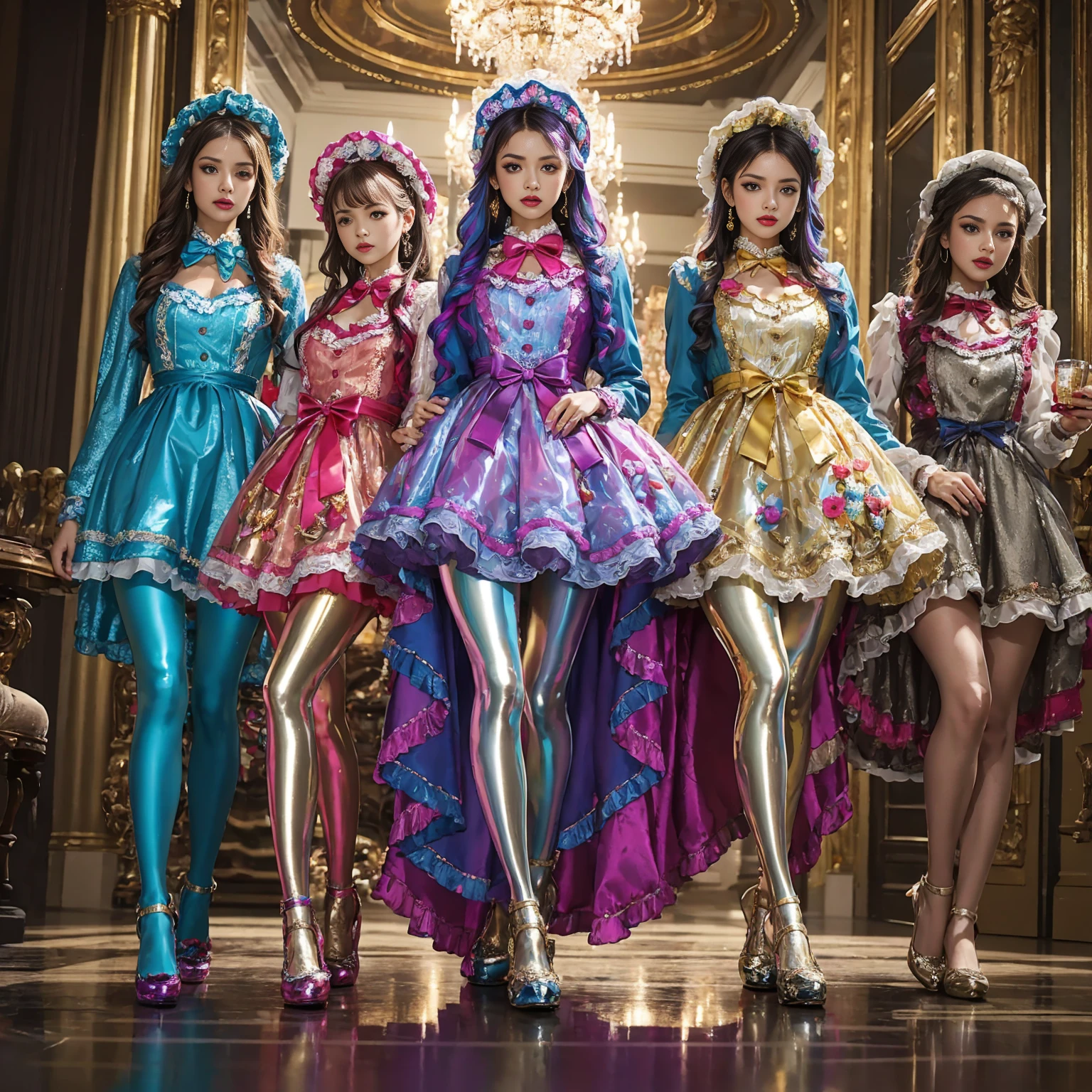 Movie poster composition,Nine-head body, Group photo, ((multicolored))，Three or more girls，Model figure, long-legged woman, A woman in a luxurious and elaborate lolita dress, wearing lolita mary jane shoes with ornate details, patterned tights, (Glossy Reflecting collection), (Glossy Reflecting collection), (Oily shiny)), (Metallic clothes), (Metallic dress), (Metallic tights):1.2)，standing on a snowy mountain, with reflective skin and reflective clothing, venusbody, full body shot, ray tracing, reflection light, chiaroscuro, UHD, masterpiece, anatomically correct, textured skin, super detail, high quality, 4K, highres