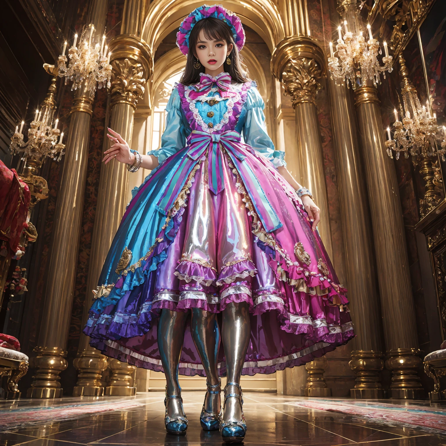 Movie poster composition,Nine-head body, Group photo, ((multicolored))，Three or more girls，Model figure, long-legged woman, A woman in a luxurious and elaborate lolita dress, wearing lolita mary jane shoes with ornate details, patterned tights, (Glossy Reflecting collection), (Glossy Reflecting collection), (Oily shiny)), (Metallic clothes), (Metallic dress), (Metallic tights):1.2)，standing on a snowy mountain, with reflective skin and reflective clothing, venusbody, full body shot, ray tracing, reflection light, chiaroscuro, UHD, masterpiece, anatomically correct, textured skin, super detail, high quality, 4K, highres