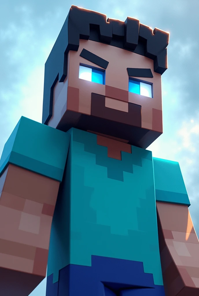Steve from Minecraft with glowing white eyes dadass , your muscular body , with a light blue anime style shirt, with a shallow beard , a square body 


