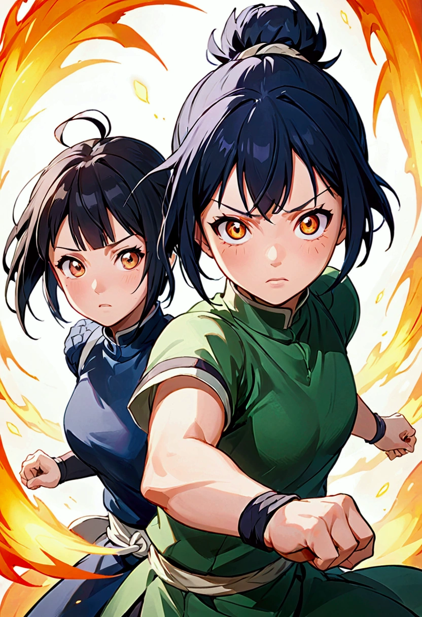 Hinata, from Naruto, fighting with Toph, from Avatar. Expresive face, high proportions.
