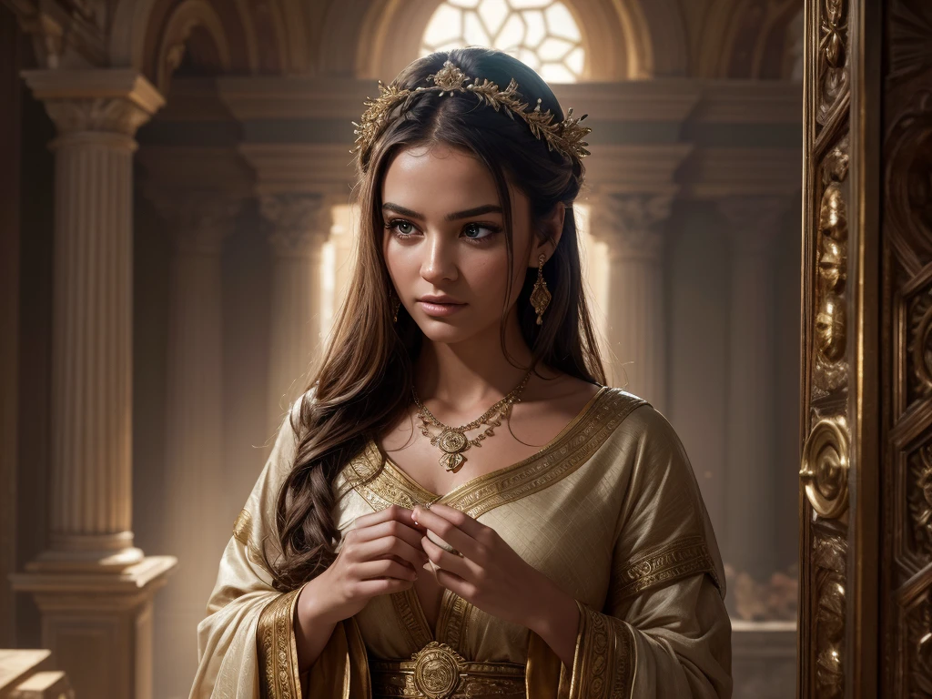 In the heart of an ancient villa, a woman as she cleaning a house. The divine light accentuates the intricate details of the coin, Her expression is one of reverence and contemplation, adding a sense of mystery to the scene. This high-resolution painting captures the moment with exquisite realism, showcasing the woman's flowing robes and ethereal beauty. The composition is rich in biblical symbolism, inviting viewers to ponder the significance of the event. Ensure that the image depicts the thematic concept of lost coin story and is visually appealing and eye-catching. hyper detailed, dynamic color , wearing withe tunic, super emotional image, Great quality and realistic image, the epic scene, hiper realistic, blockbuster, high detailed, , 4K photography, 50mm f/1.8 lens, high details, high face details, high hands details, perfect hands, soft illumination, high quality, natural light, stunning blockbuster background, dynamic angle