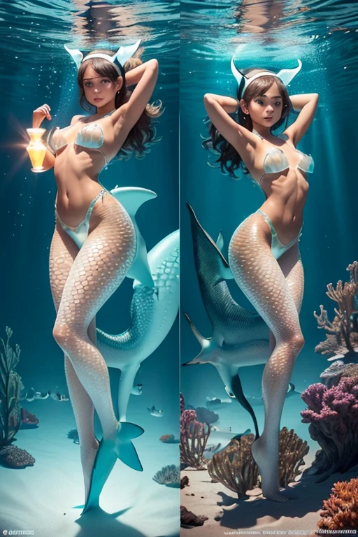 A young 13-yr old Australian charming girl Full body detailed anatomy((brown skin tone texture)) (( wearing illuminating a shark head band))(( wearing transparent illuminating shark mermaid costume sexyl body detail anatomy figure)), wearing illuminating transparent two piece shark detailed on skin, wearing scally shark like skin texture body, lifting up plump pussy , wavy short illuminating green gemstone hairstyles from the flow water, ((having shark fin tails instead of toes))( shark fins ears))(shark skin arms, torso, bottom, face, neck, shoulder & legs))((showing face near camera)) (accurate details of hands & fingers)) hard big errect nipples, open legs splitting position,exposed pussy line, exposed illuminating panties, exposed pussyline, smiling with teeth exposed. Sparkling gray eyes, charms, face details & fucos skin texture colored white, swimming under the atmosphere ocean wave and air bubles different lighting effects around the background, showing corals, urchins, fish, turtle, whale, bubbles of air for accurate background masterpiece ((with illuminating transparent crystalline gemstone shark like scales skin textured all over her body)) ((with gills)) swimming with ocean current waves under the sea,( many different perspective view character profile , front view, side view, rear view, of same face & clothing girls posing deferent angle))(( perfect details of mermaid body and tail fin anantomy))