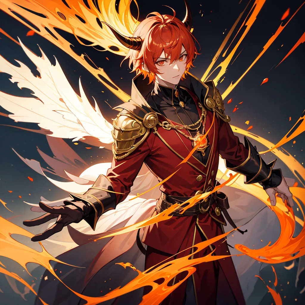 (Manga style drawing) Man surrounded by a dark aura, medium horns on his head, red cape with two medium spikes on each shoulder and flames at the bottom of it, fine and elegant red suit with orange gradients and a button in the shape of an eye in the center in yellow and red, black dress shoes, cane with an eye on the top,perfect ,short orange hair