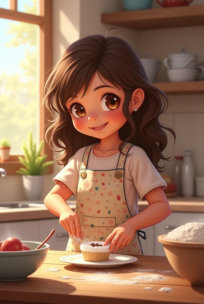 A child with brown eyes and brown wavy hair making cakes in her kitchen