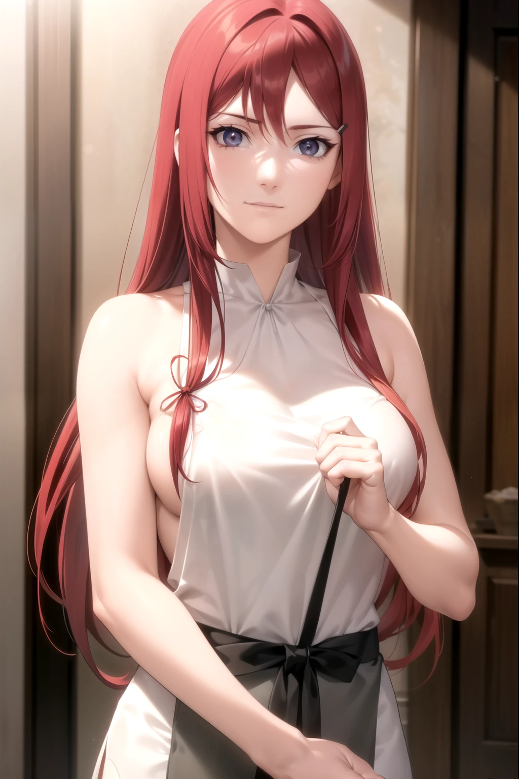 Red hair, naked apron, Kushina, Kushina, Long hair, Hair accessories, Red hair, Hairpin, (Gray eyes:1.5), (side fringe:1.5), Smile, rest looking at viewer, Upper Body, whole body, Cowboy shooting, rest indoors, rest (masterpiece:1.2), best quality, high resolution, Unity 8K wallpaper, (illustration:0.8), (Beautiful and delicate eyes:1.6), Extremely detailed face, Perfect lighting, Extremely detailed CG, (Perfect hands, Perfect anatomical structure),