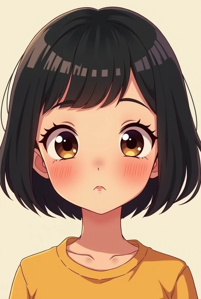 A YOUNG GIRL WITH SEMI-SHORT BLACK HAIR IN A MIDDLE PARTING AND BIG BROWN EYES. IN A SUPER CUTE ANIMATED WAY