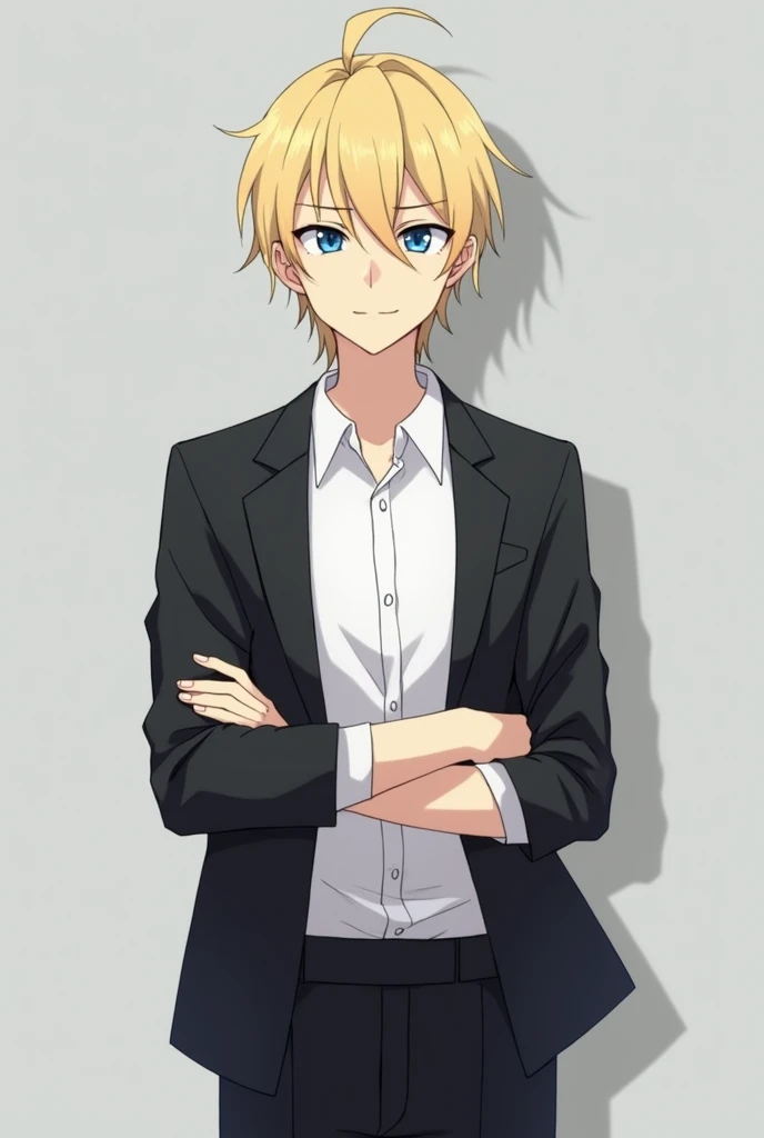 More mature anime style image. A gray background image. A teenager with crossed arms, tidy blond hair and dark blue eyes. He wore school clothes, a white dress shirt with two buttons unbuttoned and a black blazer on top, black pants and a smile on his lips, but a serious expression.