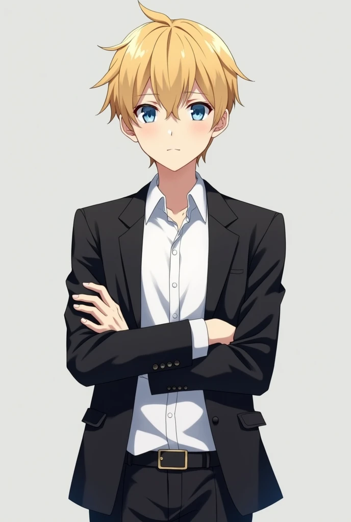 More mature anime style image. A gray background image. A teenager with crossed arms, tidy blond hair and dark blue eyes. He wore school clothes, a white dress shirt with two buttons unbuttoned and a black blazer on top, black pants and a smile on his lips, but a serious expression.