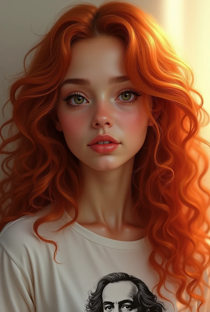 A Brazilian woman with her hair dyed a natural copper red, very long and very curly, not voluminous, rosto angelical, chubby and oval face, very beautiful, eyes browns, small mouth, slightly large cheeks, round eyes, big eyelashes, small and cute nose, round chin, wears well-defined eyeliner and a Karl Marx t-shirt