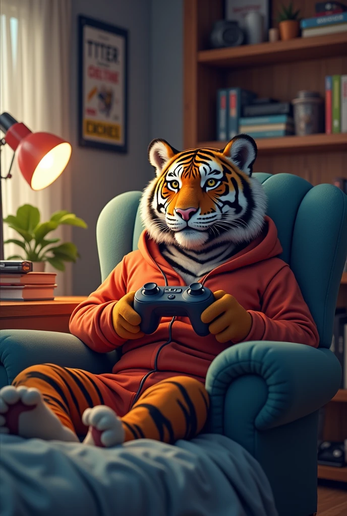 University Tiger playing video games in his room