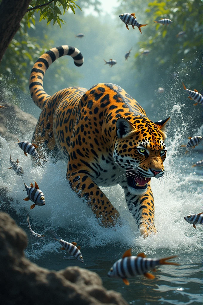 jaguar eating black and white fish