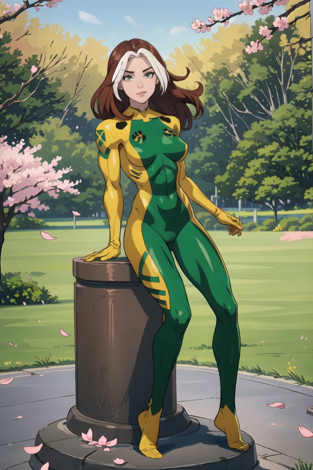 ((Full body photo, standing, feet on the ground))  (masterpiece, best quality:1.2), classicrogue, 1girl, solo, long hair, breasts, smile, large breasts, brown hair, green eyes, white hair, multicolored hair, parted lips, two-tone hair, lips, bodysuit, covered navel, makeup, muscular, abs, skin tight, multicolored clothes, muscular female, dyed bangs, multicolored bodysuit, green bodysuit, yellow bodysuit, smile, sitting, cherry blossoms, outdoors, holding, camera, looking at viewer, petals, holding camera, day, closed mouth, flower, pink flower