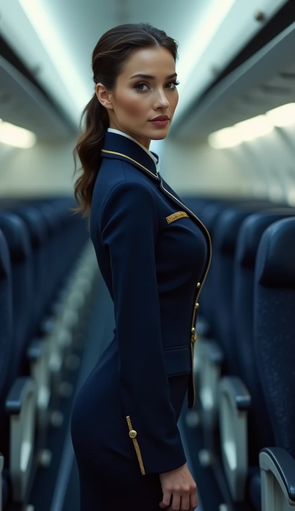 Very beautiful stewardess, Bend down and look at the camera, Navy Blue Uniform, whole body, Inside the plane