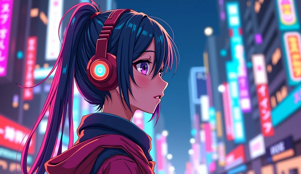 anime風の女性キャラクターのカラフルなプロフィール写真. anime「My Favorite 」has characteristics that are clearly different from. The setting is a futuristic city lit up by neon lights. The environment is stimulating and adventurous. The camera settings are、A digital camera with a low ISO setting. This lens is a medium aperture zoom lens.. キャラクターデザインは日本のイラストレーターとanimeーターにインスピレーションを受けた, Akiko Sterrenberger,(( Headphones))