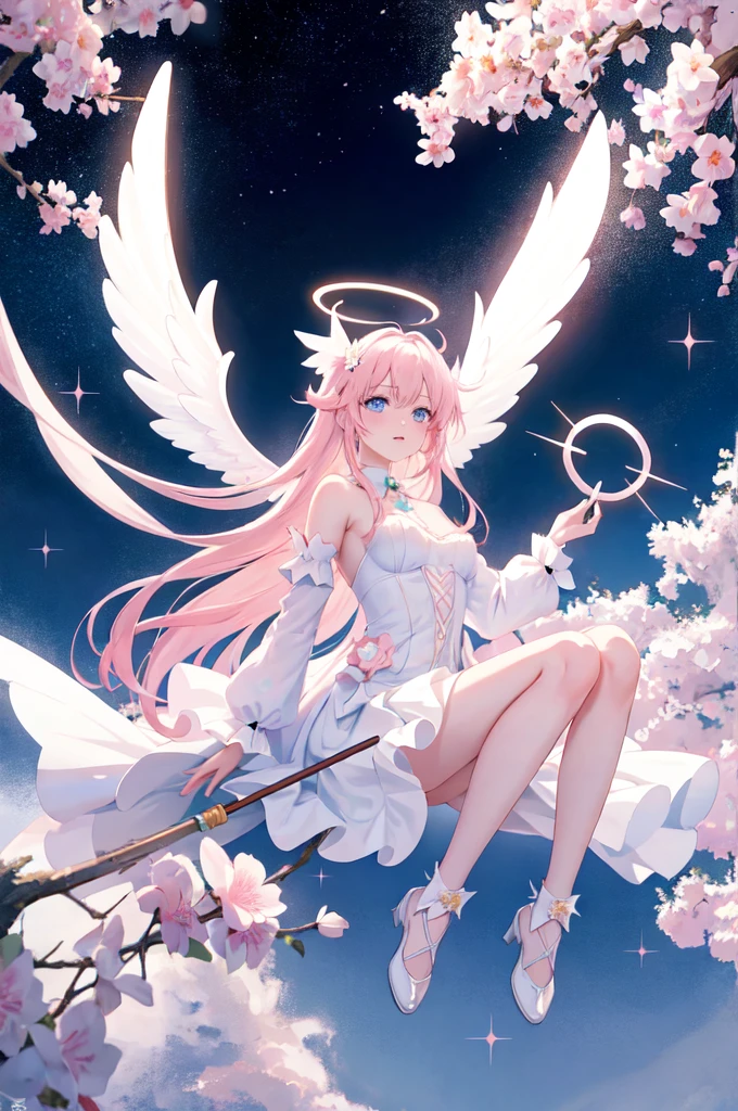 masterpiece, best quality, 1girl, pastel pink hair, angel of white rabbit, sexy innocent, blue eyes, diadem, angel wings, white angel dress, full body, arms holding angel staff, starry sky, halo, post-apocalypse, rabbit ears, sakura background