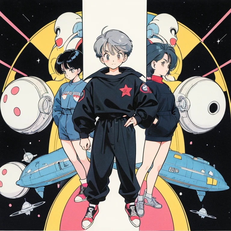 ((a cute girl)),gray hair,medium　short hair,black sweater,full body,flat fill,analogue,1990s,comic,simpleなラインアート,retro anime,many colorful stars,night,space、no gravity,takahashi rumiko,simple、Very cute design、print