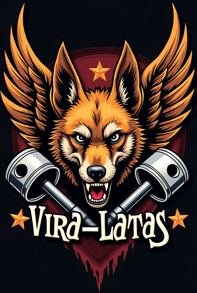 coat of arms for a motorcycle club called vira-latas, whose mascot is a caramel-colored mongrel dog with its ears pricked up and an angry face, In the coat of arms the dog only has his face right in the middle with wings coming out from behind him in line with the eyes and two pistons at the bottom of the coat of arms
