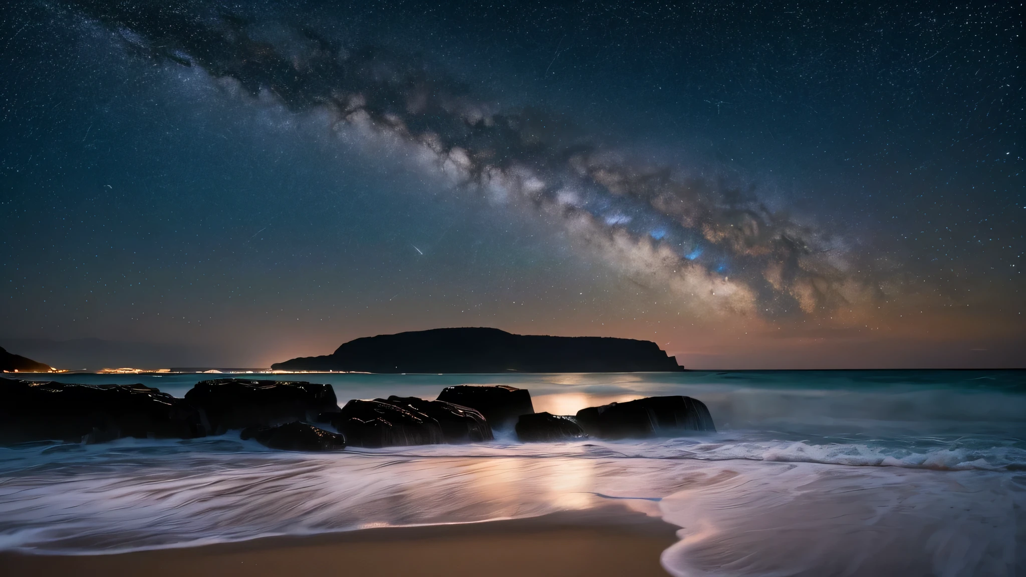A serene night by the ocean under a sky filled with stars. The calm waves gently lap against the shore, reflecting the twinkling lights above. The scene captures the peacefulness of a starlit night by the sea, perfect for relaxation and contemplation
