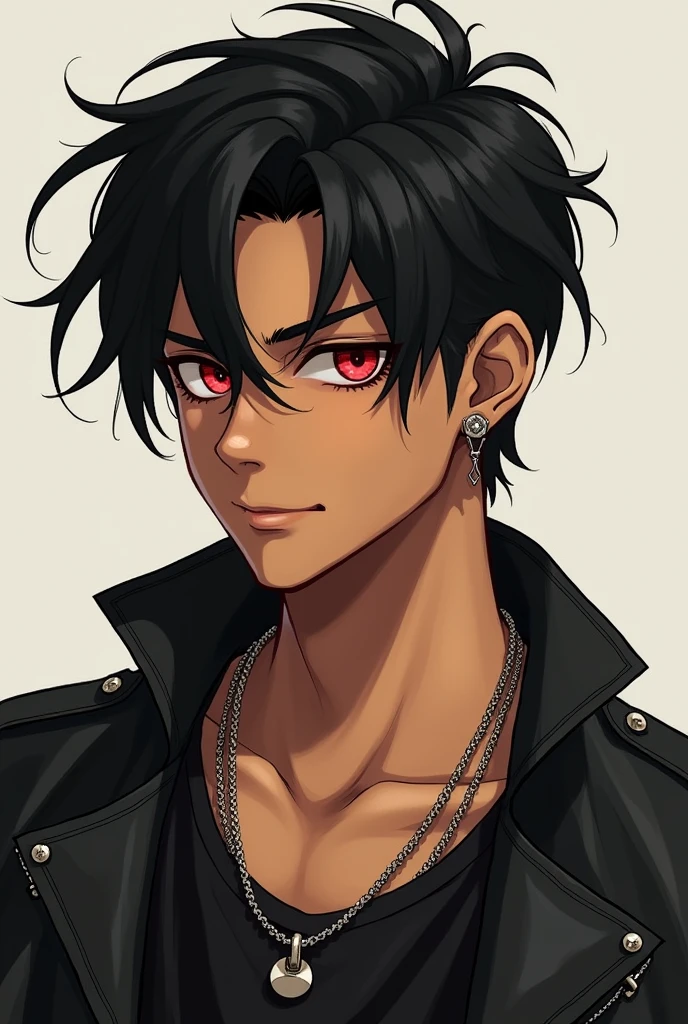 A teenage man, brunette skin, Eyes red, short black hair, chain earring on the right ear, athletic tax, smirk on face, young man in his 20s