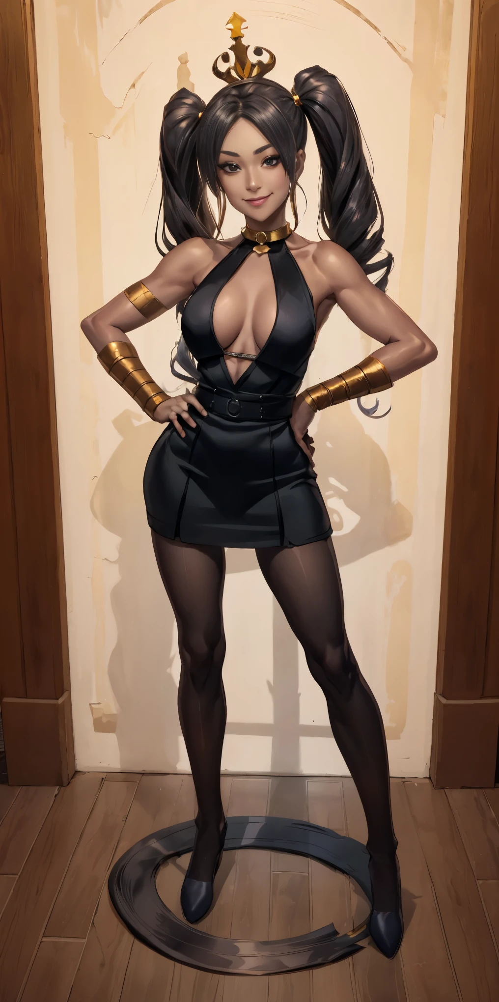 full body standing straight symmetrical, huge cowboy shot, solo 1MILF, lustful smirking smile face, looking at viewer, hands on hips, twintails, twin drills, dress, striped pantyhose, metal handcuffs on their hands with a black maetal slave collar around her neck, cowbell attached to the choker, sleeveless, black stockings, golden tiara