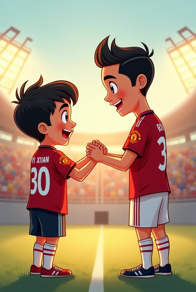 A boy who is Cristiano Ronaldo fan. He loves playing football. He meet Ronaldo one day. Ronaldo with Manchester United logo shirt. The boy shirt have his name: Yi Xian with number 30 . He hold Ronaldo hand. Cartoon.