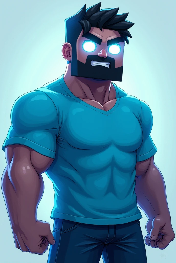Steve from Minecraft with glowing white eyes dadass , your muscular body , with a light blue anime style shirt, with a shallow beard , a square body