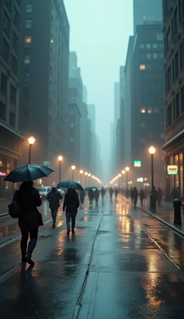 Create a highly realistic image of a calm New York street under cloudy weather with light rain. Capture wet streets reflecting city lights, with soft rain droplets and a misty atmosphere. Include realistic details like puddles, blurred reflections, and a few pedestrians with umbrellas. The scene should convey a serene, peaceful urban environment, emphasizing the gentle rain and subdued lighting."