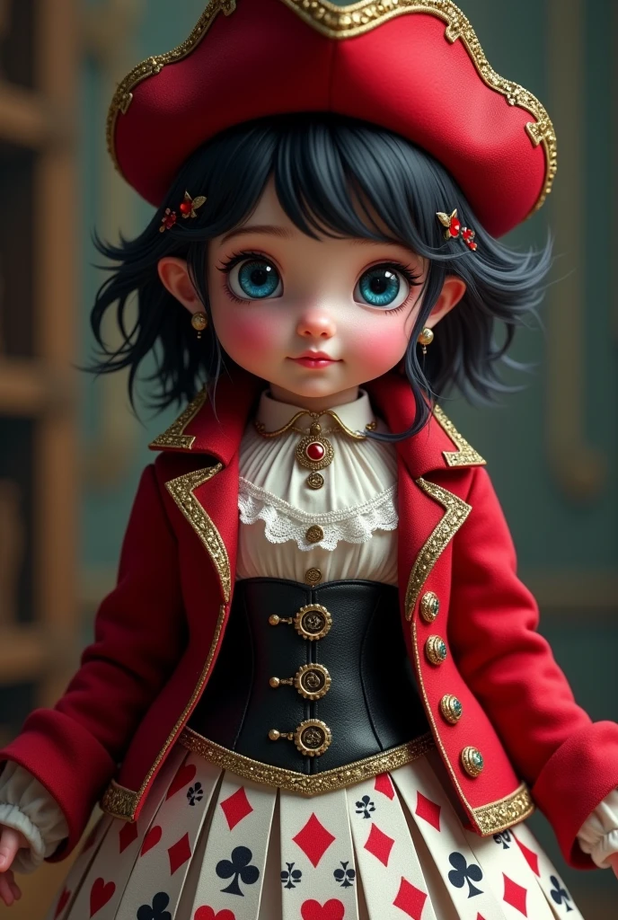 The daughter of the Queen of Hearts and Captain Hook. She is , chubby, with blue eyes and black hair but has red highlights but they are very few, a red captain's coat along with a captain's hat, all of that worn also an elegant long-sleeved shirt like from the 1800s covered by a black corset and a skirt made of playing cards.