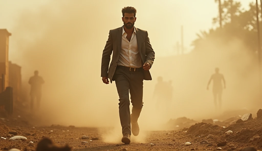 , 8k, RAW Photos,A young Indian man walking, with athletic body, dusty weather due to a storm, wearing a suit, 1987, India،anima