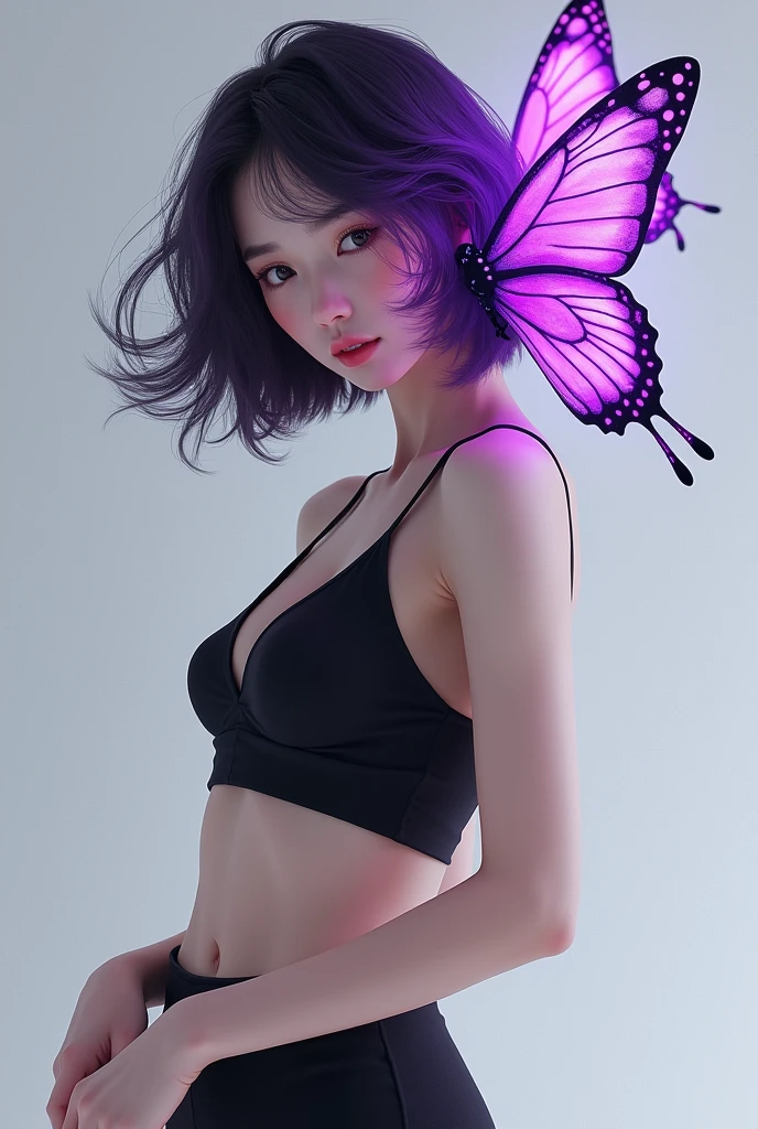 Korean purple hair butterfly woman with black short skirt and black outfit realistic perfect body