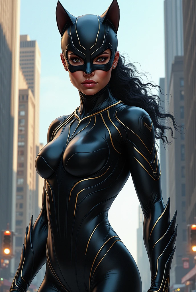 Une femme métisse super heroine avec costume de chatte avec masque integral inspiré de black panther

