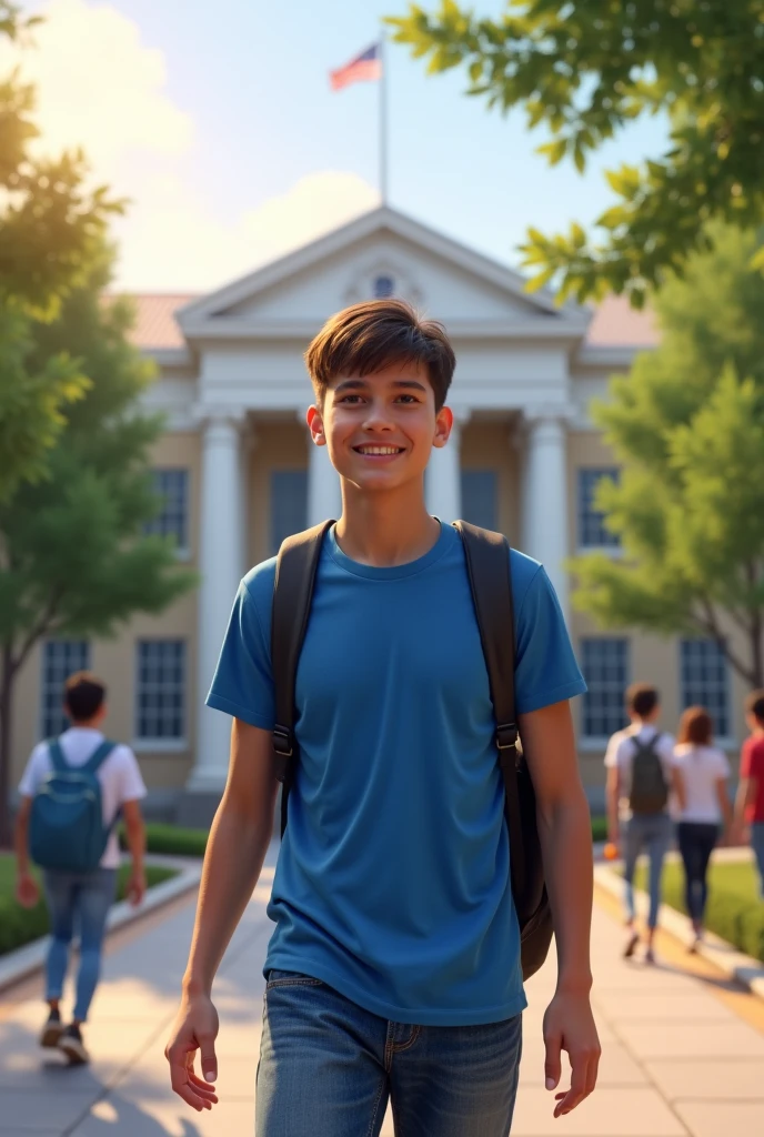 ager in blue t-shirt arriving at school he has math class