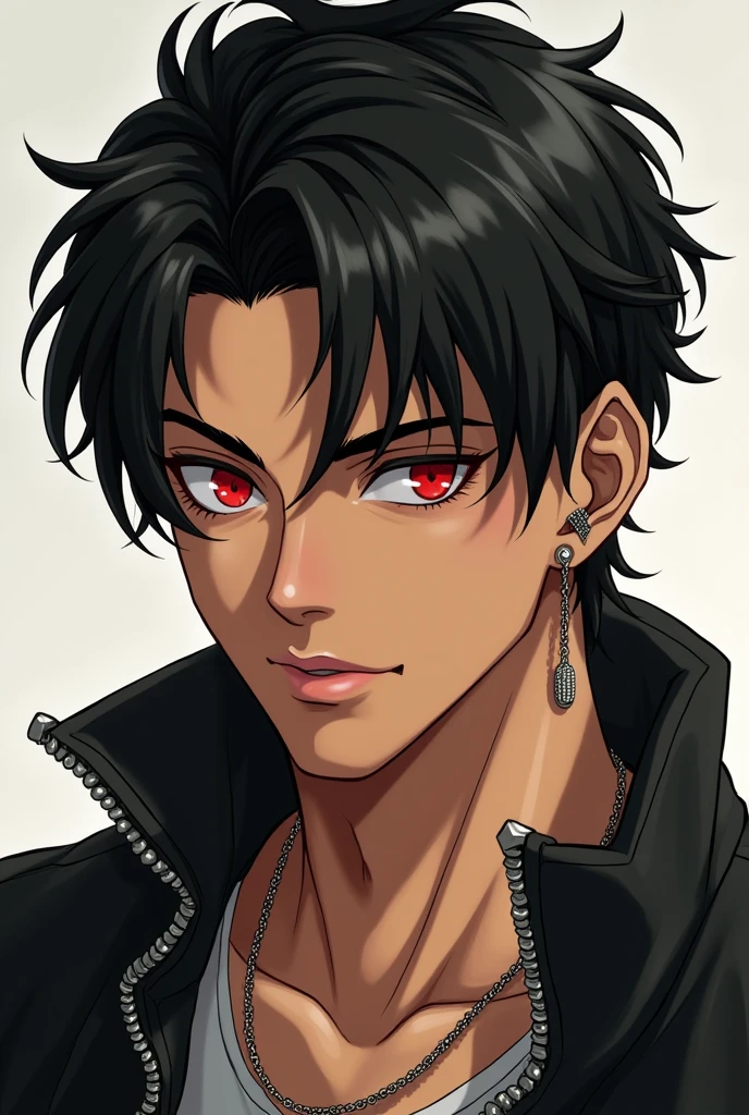 a teenage man, brunette skin, Eyes red, short black hair, chain earring on the right ear, athletic tax, smirk on face, young man in his 20s