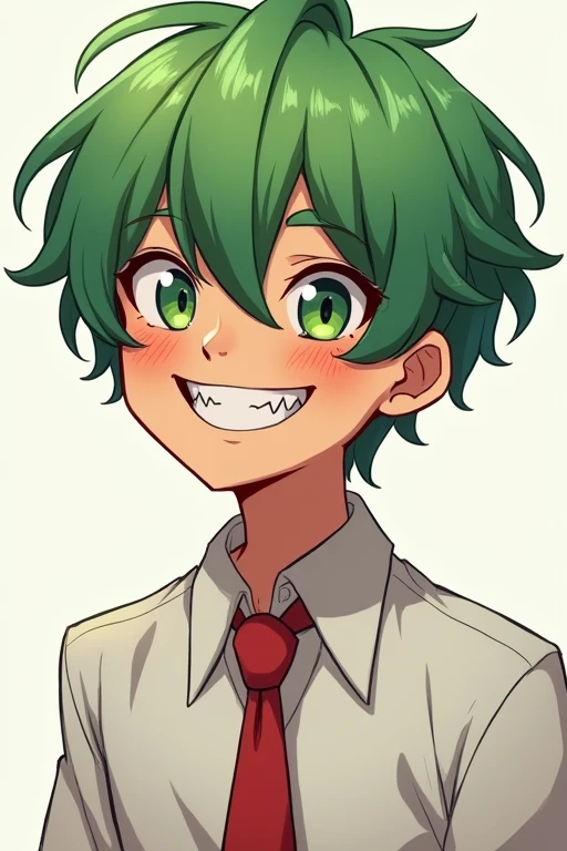 One young man。The skin color is a little tanned.。This character has green hair、Her bangs are so long they cover her eyes。The eyes are hidden by the bangs。The teeth have sharp serrated edges。Don't cover your eyes with your hands。The expression looks very happy and cheerful。He is wearing a white shirt and a red tie。