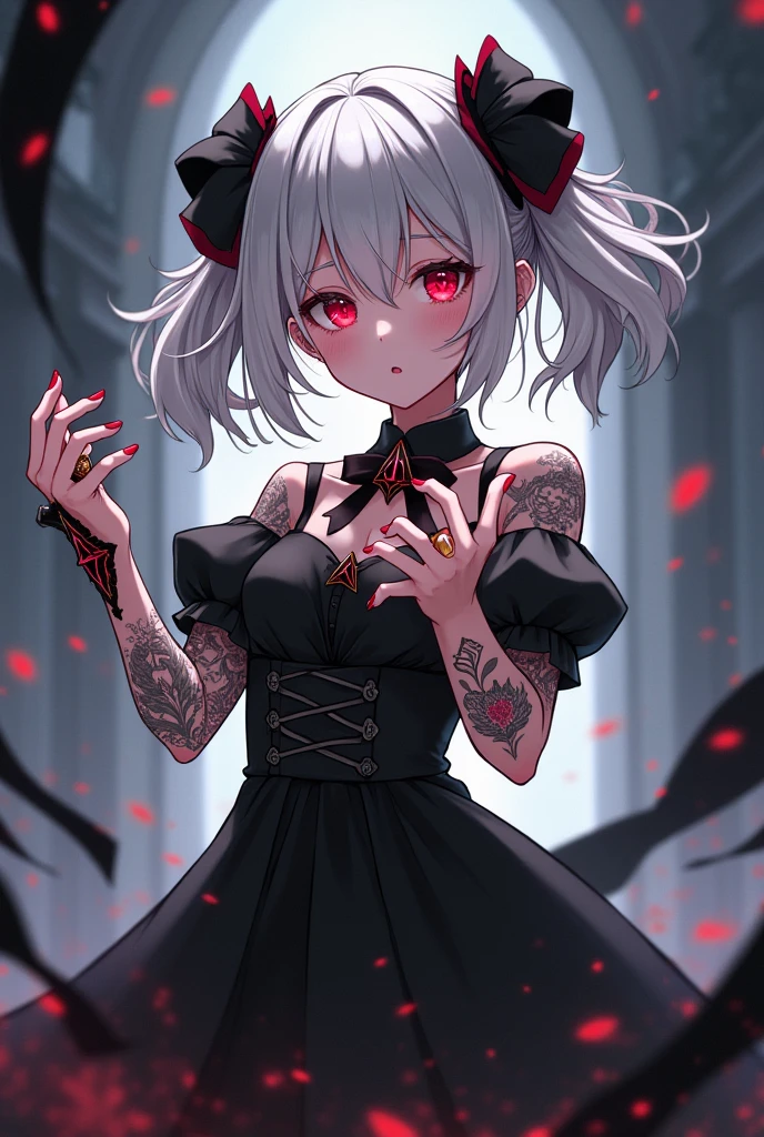 A   anime  girl with black and white dress And her eye is red . Black magical power in her hand And her hair is white and black Beautiful tattoo in  her and and a magical triangle ring in her wrist . 